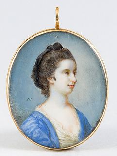 Monogramist NH, miniature painter of the 18th century. Bust portrait of a young lady in blue dress