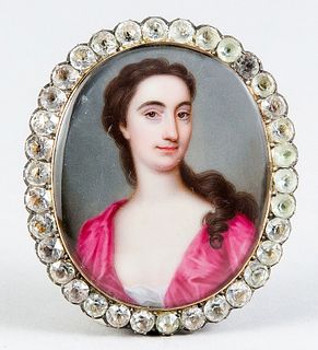 Miniature painter of the 18th c. Oval portrait of a young lady in pink dress. Probably tempera on