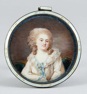 Hall, Peter Adolf. 1739 BorÃ¥s - 1793 LiÃ¨ge. Round miniature portrait of a lady in white muslin dress