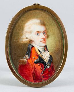 Miniature painter of the 18th c. Oval bust portrait of a young man in red uniform with white Order