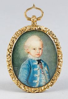 French miniature painter of the 18th century. Oval portrait of a young prince in blue skirt.