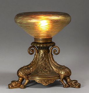 Aesthetic Movement Gilt Brass Art Glass Griffin Lamp c1900s