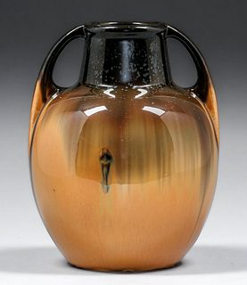 Fulper Pottery Two-Handled Mirror Black & Orange Flambe Vase c1910s