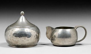 A.E. Chanal - French Hammered Pewter Sugar & Creamer Set c1910s