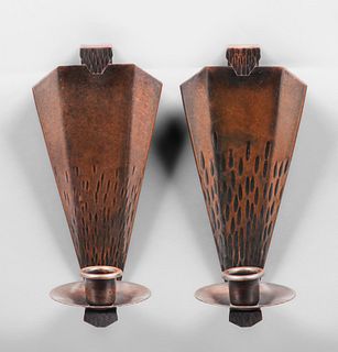 Roycroft Hammered Copper Pair Candle Sconces c1920s