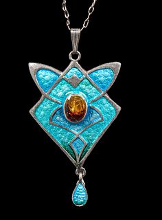 Arts & Crafts Sterling Silver & Enamel Pendant Necklace c1905