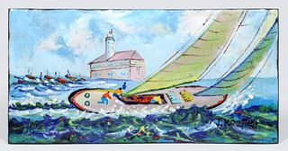 Boston Enamel on Copper Sailing Boat Plaque c1920s
