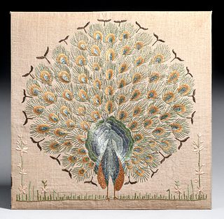 Arts & Crafts Hand Embroidered Peacock Fabric Panel c1910