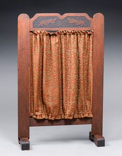 Arts & Crafts Hand-Carved Oak Leaves & Fabric Screen c1910