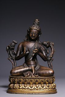 Qing Chinese Bronze Buddha w Silver Inlaid