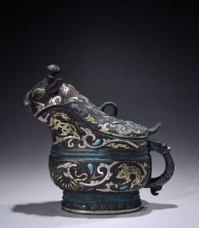 Chinese Bronze Vessel w Gold&Silver Inlaid