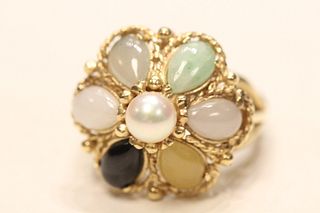 Women Gold and Pearl Ring w Precious Stones
