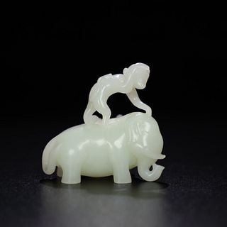 Chinese Jade Carved Monkey Ride on Elephant