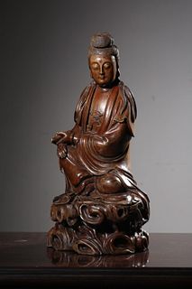Qing Chinese Taxus Wood Carved Guanyin Sculpture