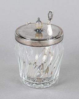 Ice container with silver rim mounting, German, 20th c., maker's mark Wilhelm Binder, Schwäbisch Gmünd, silver 835/000, body clear glass, lid plated, 