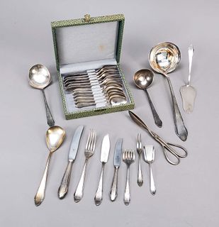 Remaining cutlery, German, maker's mark WMF, Geislingen, plated, curved handle, 10 knives and forks each, 9 teaspoons and cake forks each, 5 small and