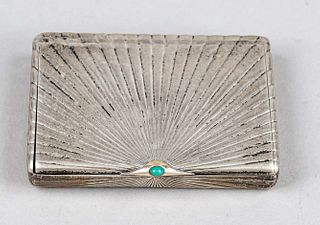 Rectangular case, hallmarked Russia, around 1900, silver 84 zolotniki (875/000), flat form, wall with radiating engraved decor, pusher with colored st