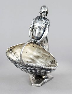 Standing young woman in traditional costume with large basket, German, c. 1900, Kayser pewter, plated, on 5-cornered plinth, h. 22,5 cm