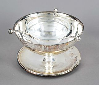 Round caviar bowl, German, maker's mark M. H. Wilkens & Söhne, Bremen-Hemelingen, plated, Ambassador model, on solid saucer, smooth form, complete wit