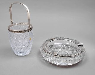 Ashtray and ice box with silver mounts, 20th c., silver 800/000, acanthus leaf decoration, box with overlapping hinged handle, body clear glass with c