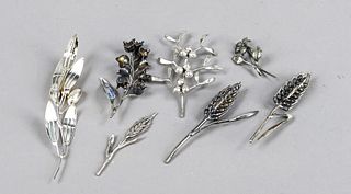 Seven floral miniatures, Italy, 20th c., silver 800/000 or sterling silver 925/000, ears of corn and flowering branches, l. to 11,5 cm, total wt. ca. 