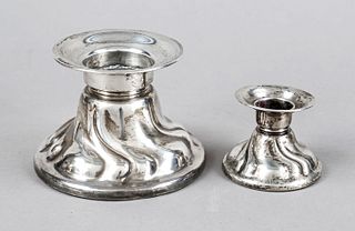 Two candlesticks, German, 20th c., MZ. Jakob Grimminger, Schwäbisch Gmünd, silver 835/000, round domed and filled stand with curved wall, wide eaves b