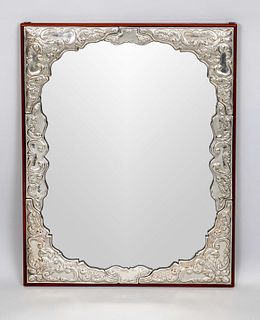 Rectangular wall mirror, Italy, 20th c., plated, matching curved applications with relief decoration, on rectangular wooden plate, 60 x 44,5 cm