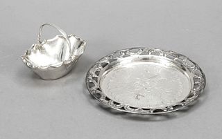 Coaster, Sweden, silver 830/000, flag open worked mirror with floral decoration, Ø 13 cm, ca. 90 g, in addition, basket, England, 1883, master mark Jo