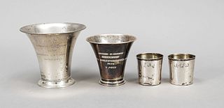 Two vases, Sweden, 1st half of 20th century, different maker, silver 830/000, trumpet shape, dedication and dated, l. to 10.5 cm, ca. 170 g, plus 2 tu