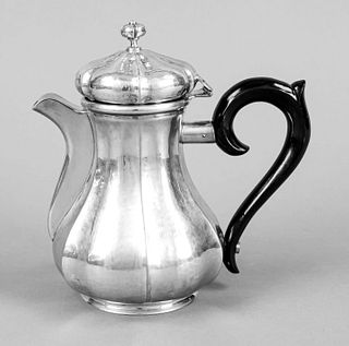 Coffee pot, Italy, 2nd half of 20th century, master mark Rino Greggio, Padua, silver 800/000, round stand, arched and curved body, wooden handle attac
