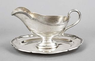 Gravy boat with fixed saucer, German, 20th century, jeweler's mark Heinrich Mau, Dresden, silver 800/000, Dresden baroque rim, curved shape, l. 24 cm,