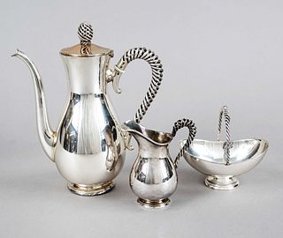 Three-piece mocha pot, German, 20th c., maker's mark Gebr. Dehyle, Schwäbisch Gmünd, sterling silver 925/000, each on a round stand, smooth bulbous bo