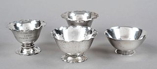 Four round bowls, Sweden, 20th century, silver 830/000, 3x with wavy rim, partly with hammered decoration, 2x with dedication, Ø to 9 cm, total weight