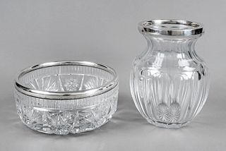 Vase and round bowl with silver rim mounting, German, 20th century, maker's marks Hermann Behrnd, Dresden and Gebr. Kühn, Schwäbisch Gmünd, silver 800