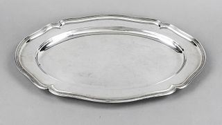 Large oval tray, German, 20th century, maker's mark M. H. Wilkens & Söhne, Bremen-Hemelingen, silver 830/000, Dresden baroque rim, smooth form, l. 49,