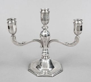 Three-flame candelabrum, 20th c., silver 830/000, 8-cornered filled stand, baluster shaft with 2 side attached curved arms, angular spouts in vase sha