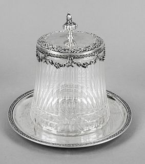 Bonbonnière with saucer and silver lid, German, early 20th c., maker's mark Bruckmann & Söhne, Heilbronn, silver 800/000, plate with relief decoration