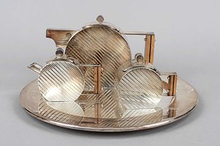 Three-piece tea centerpiece on round tray, Italy, 1970s, maker's mark Cacchione F.lli S.n.c., Milan, sterling silver 925/000, rectangular stand, disc-