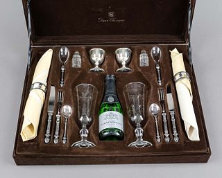 Wedding gift, German, 2nd half of 20th century, maker Christoph Widmann, plated and clear glass, each consisting of 2 champagne glasses, egg cups and 