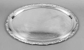 Large oval serving tray, German marked WMF Hotel, Germany, metal, moulded shape with ornamental relief decoration rim, l. 60 cm