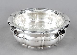 Round bowl, German, 20th century, maker's mark Bruckmann & Söhne, Heilbronn, jeweler's mark Bernard Dahmen, silver 835/000, matching curved stand, bul