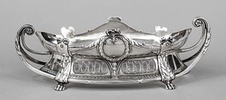 Jardiniere, German, c. 1900, maker's mark WMF, Geislingen, plated, on 4 paw feet, body in the shape of a boat, laterally attached decorated handles, w