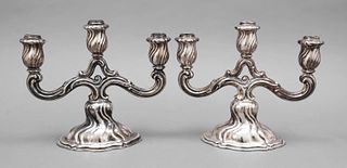 Pair of three-flame candlesticks, German, 20th century, maker's mark Bruckmann & Söhne, Heilbronn, silver 835/000, baroque form, oval vaulted and fill
