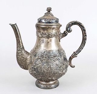 Coffee pot, German, c. 1900, probably Hanau, silver 800/000, round stand, bulbous body, curved handle attached to the side, hinged hinged lid with ros