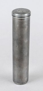 Cylindrical vessel, probably Ottoman, around 1900, silver tested, round stand, straight wall, profiled plug-in lid, wall with engraved decoration, h. 
