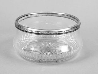 Rounded bowl with silver rim mounting, German, 20th c., silver 800/000, with surrounding relief decoration, bowl clear glass with cut decoration, Ø 17