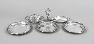 Group of six small pieces, German, 20th century, different makers, silver 800/000, 3 coasters, Ø to 14 cm, 2 oval bowls, l. to 12,5 cm and bridal cup,