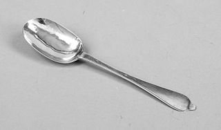 Queen Anne spoon, probably England, early 18th c., BZ probably London 1697-1719, Britannia and Lion's head erased, MZ, smitten hallmarks, silver hallm