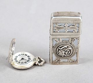 Lighter, Mexico, 20th century, sterling silver 925/000, with figural and ornamental decoration, l. 6 cm, together with ladies hanging watch, marked We