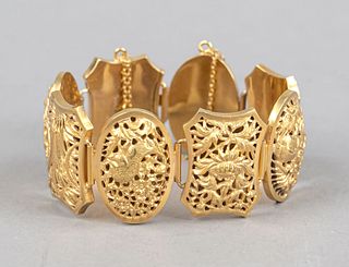 Link bracelet, 20th c., sterling silver 925/000, gold plated, links open worked, with figural and floral motifs, with safety chain, l. 17 cm, ca. 53 g